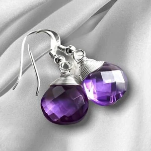 Amethyst Tropfen Ohrringe - 925 Sterling Silber Edelstein Ohrhänger - OHR925-85 - Picture 1 of 6