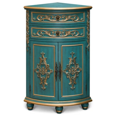 US Seller - Aquamarine Blue and Gold French Style Oriental Round Corner Cabinet - Image 1 of 4