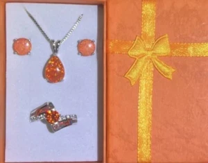 DEAL! Tangerine Orange Fire Opal Teardrop Necklace, Earrings, Unique Ring 8 Set - Picture 1 of 8