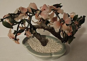 Vintage Chinese Peking Glass Stone Jade Cherry Blossom Bonsai Tree Pink Flowers - Picture 1 of 10