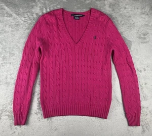 Ralph Lauren Sport Zopfmuster Pullover Damen Large Rosa V-Ausschnitt Polo Preppy Baumwolle - Bild 1 von 11
