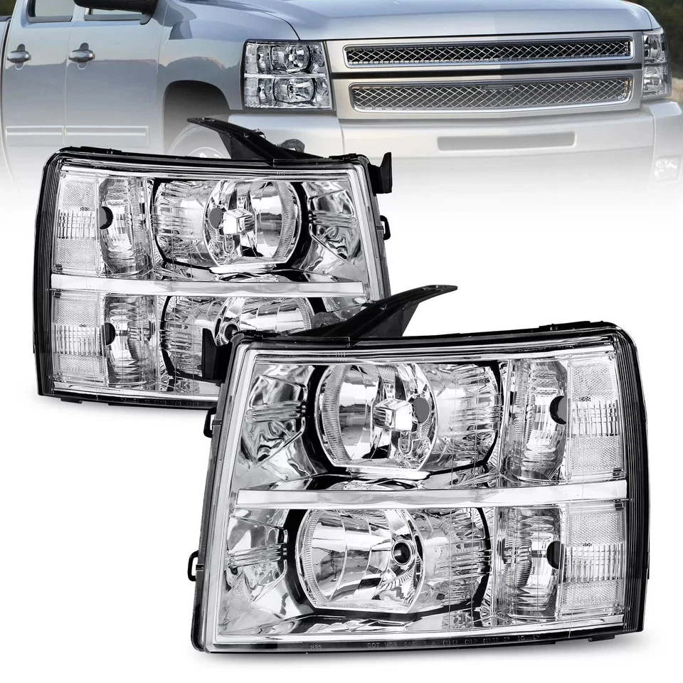 Chrome Headlights For 2007-2014 Chevy Silverado 1500 2500HD 3500HD LH+RH Sets Foto 1 de 4