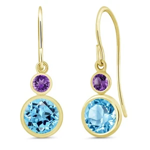 14K Yellow Gold Swiss Blue Topaz and Amethyst Drop Dangle Earrings For Women - Picture 1 of 3