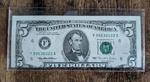 1995 (F) 5 $ Fünf Dollar Schein Federal Reserve Note Vintage MISCUT Altanta Mint - Bild 1 von 3
