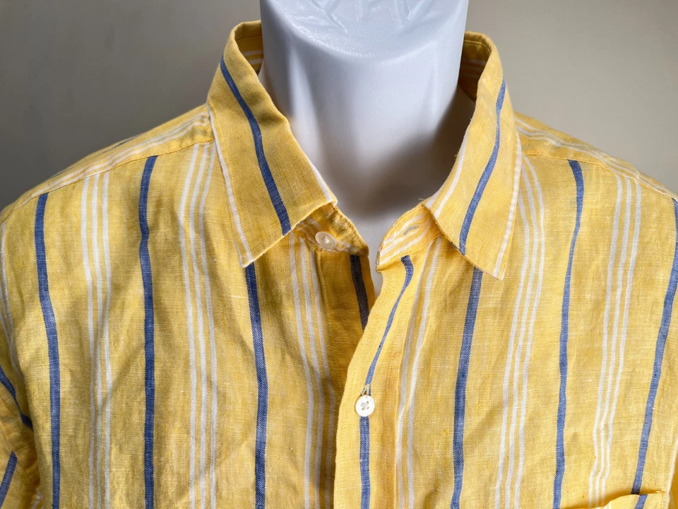 J. McLaughlin Men's yellow, blue & white striped 100% linen long sleeve shirt XL - Image 1 of 4