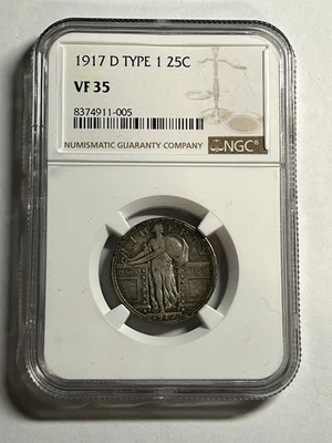 1917-D Type 1 Standling Liberty Quarter NGC VF35 Business Strike 25C Tough Date - Image 1 of 4