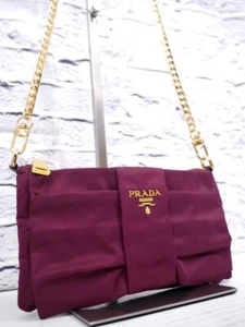 ◆PRADA Big Ribbon Design Nylon Crossbody Chain Strap Shoulder Bag Pouch Bordeaux - Picture 1 of 10