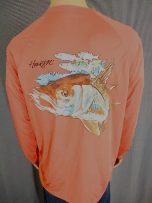 BIMINI BAY Outfitters LS 聚酯钓鱼衬衫橙色鱼图案男式 Med — 第 1/4 张图片