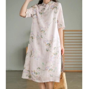 Femme Lin Chinois Ethnique Qipao Robe Traditionnel Mandarine Robe Col Chemisier - Bild 1 von 12