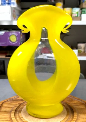 UNIQUE BRIGHT YELLOW GLASS VASE 10" X 7" X 2" WITH CLEAR GLASS WINDOW~Unmarked - Image 1 of 4