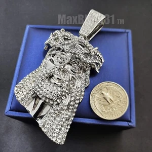 LARGE JESUS HEAD HIP HOP ICED SILVER PLATED BLING CUBIC ZIRCONIA CHARM PENDANT - Picture 1 of 6