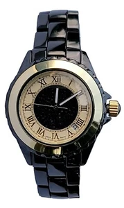 Vicence Swiss 14k Solid Rose Gold Bezel Black Ceramic Quarts Watch Gemstones - Picture 1 of 8