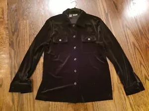 RAFAELLA WOMEN'S BLACK STRETCH VELVET SHIRT BLOUSE TOP POCKETS - M - Picture 1 of 6
