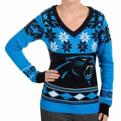 Suéter de Navidad Carolina Panthers para mujer con logotipo grande cuello en V talla pequeña - Nuevo con etiquetas Foto 1 de 4
