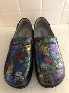 Women Alegria KEL-466 Black Floral Pattern Leather Slip-on Loafers Size 40 Clogs - Picture 1 of 21