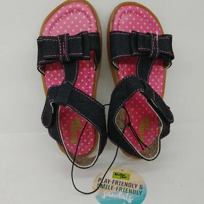 西部酋长女孩儿童 10 码凉鞋柳踝带粉色圆点牛仔布 — 第 1/4 张图片