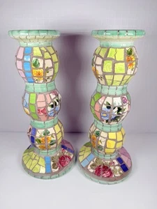 Colorful Tile Mosaic Ceramic Candlesticks, 10” Pair - Picture 1 of 7