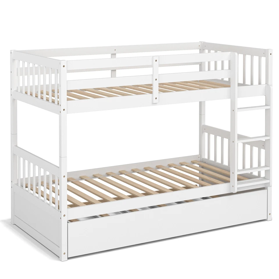 Costway Twin Over Twin Bunk Bed w/ Twin Trundle Solid Wood Frame White
