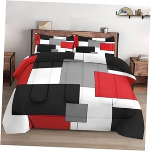Size Comforter Set with 2 Pillowcases, Black White Red Geometric King Multi 18 - Picture 1 of 7