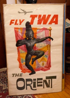 Póster de viaje grande original THE ORIENT FLY TWA JET litografía en EE. UU. 1053 25" por 40" Foto 1 de 2