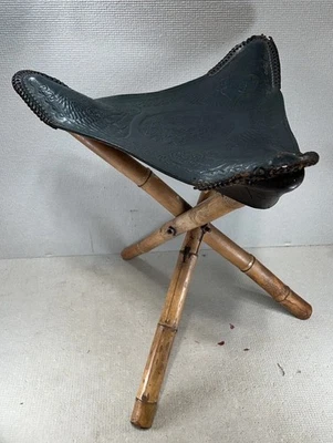 Vtg Leather Tripod Folding Stool Blue Saddle Seat Chair Aztec Mayan Bamboo Legs - Image 1 of 4