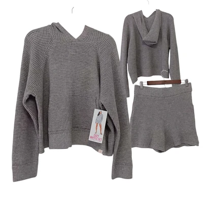 名人粉色舒适华夫饼套装灰色 L 连帽套衫 + 短裤休闲 — 第 1/4 张图片