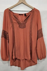 Vintage BKE Tunika Oberteil Rost Häkelspitze Ballonärmel Damen M Boho Bauern Hippie - Bild 1 von 14