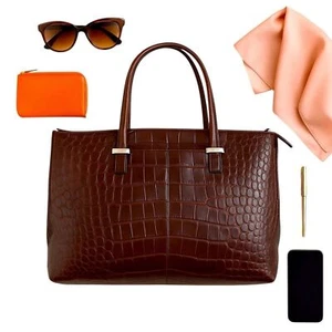 Knomo London Faux Croc Leather Laptop Tote Bag Burgundy Brown Embossed Work Bag - Picture 1 of 10