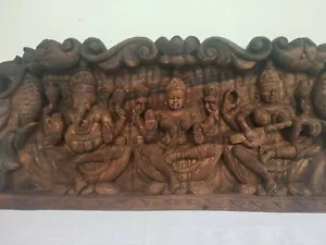 Panel de pared Ganesh Laxmi escultura de templo vintage tallada a mano Ganesha Saraswathi - Imagen 1 de 9