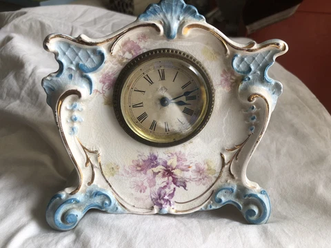 Royal Bonn Germany sky blue French shape Ansonia CLOCK orchids 6" wide runs well Cover