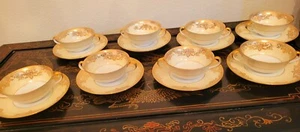 Noritake Glenmore 16 Pc Cream Soup Bowl 8 Set Cup & Saucer Stand Gold Encrusted! - Picture 1 of 20