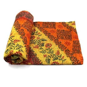 Vintage Quilt Indian Organic Cotton Bedspread Reversible Sari Bedding - Picture 1 of 6