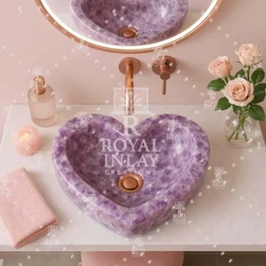 Heart Shaped Amethyst Crystal Sink | Hand-Carved Stone Wash Basin | Luxury bowl - Picture 1 of 10