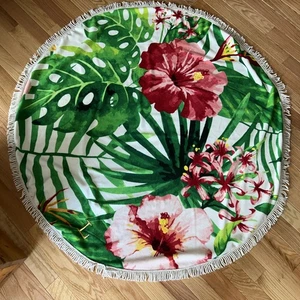 Hawaiian Beach Blanket Terrycloth Floral Palm Round Fringe ‘L’ Read Diameter 60” - Picture 1 of 8