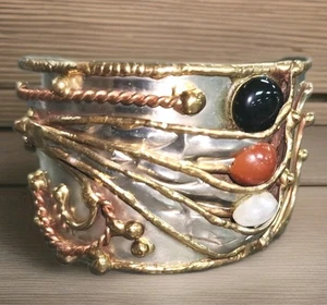 Atemberaubende brutalistische Göttin Armband Manschette gemischte Metalle Achate Steine Handwerk Vintage - Bild 1 von 7