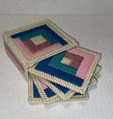 Vintage 70's Coasters Yarn Needlepoint Plastic Canvas (4) Set Pinks &Blues - Image 1 of 4
