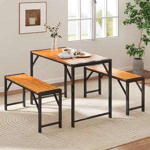 3 PCS Dining Set for 4 People Outdoor Picnic Table & 2 Benches w/ Metal Frame - Picture 1 of 10