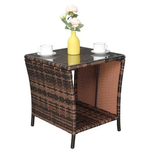 All-weather Square Wicker Rattan Side Tea Table Patio Furniture with Glass Top - Picture 1 of 11
