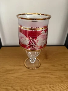 VIntage Crystal Cranberry Glass Footed Vase with Gold Trim - Picture 1 of 9