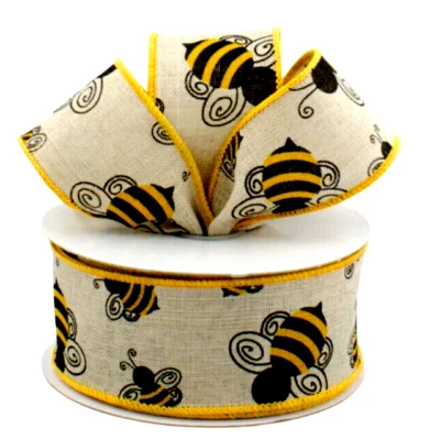 Bees 1.5" x 2 yd Summer  Natural Wired Ribbon Curly Wings Country Crafts Bows - Image 1 of 2