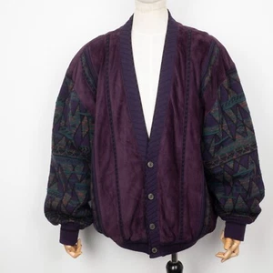 Vintage TORRAS Men Purple Geometric Leather Wool Button-Down Insulated Jacket XL - Picture 1 of 18
