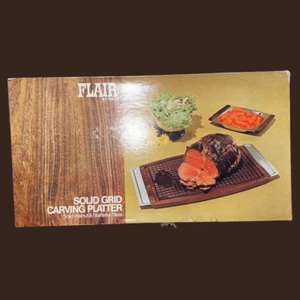 60er Vintage Walnussholz Fleisch Tranchier Schneidebrett mit rostfreien Griffen & Box - Bild 1 von 5