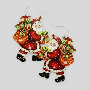 CHRISTMAS-SANTA CLAUS MULTI-COLOR PRINT METAL DANGLE EARRINGS: LARGE - Picture 1 of 6