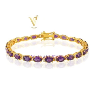 925 Sterling Silver Handmade Purple Amethyst Bracelet, 14k Gold Plated Bracelet - Picture 1 of 9
