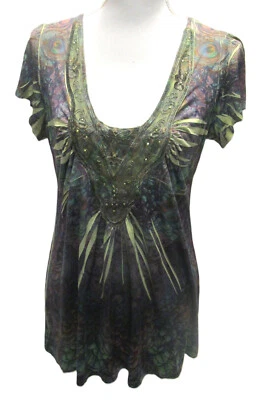 COVINGTON Paisley Pavo Real Manga Corta Estilo Campesino Top Adornado Cuello Grande Foto 1 de 4