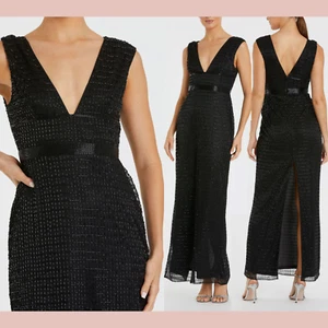 NWT Mac Duggal [ 10 ] 5625 Beaded Cap Sleeve V Neck Column Gown Black J1093 - Picture 1 of 17