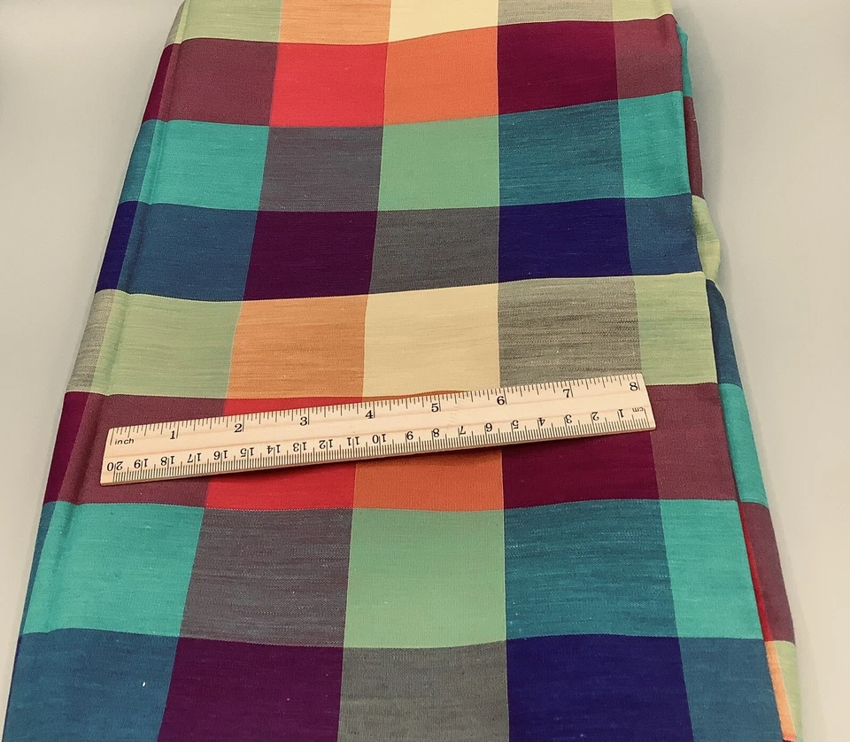 Vintage LARGE MOTIF CHECKS Orange Blue Yellow Green Red - BTY Textured Fabric - Image 1 of 1