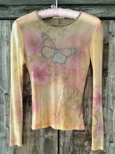 Vintage Forever 21 Manga Larga Malla Rosa Melocotón Rubor Floral Bling Mariposa S - Imagen 1 de 21