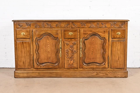 French Provincial Louis XV Carved Oak Sideboard in the Manner of Baker Furniture Cover