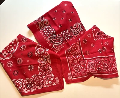 Vintage 1940s All Cotton Fast Color Bandana Lot of 3 Red Paisley Floral RN 13960 - Image 1 of 4